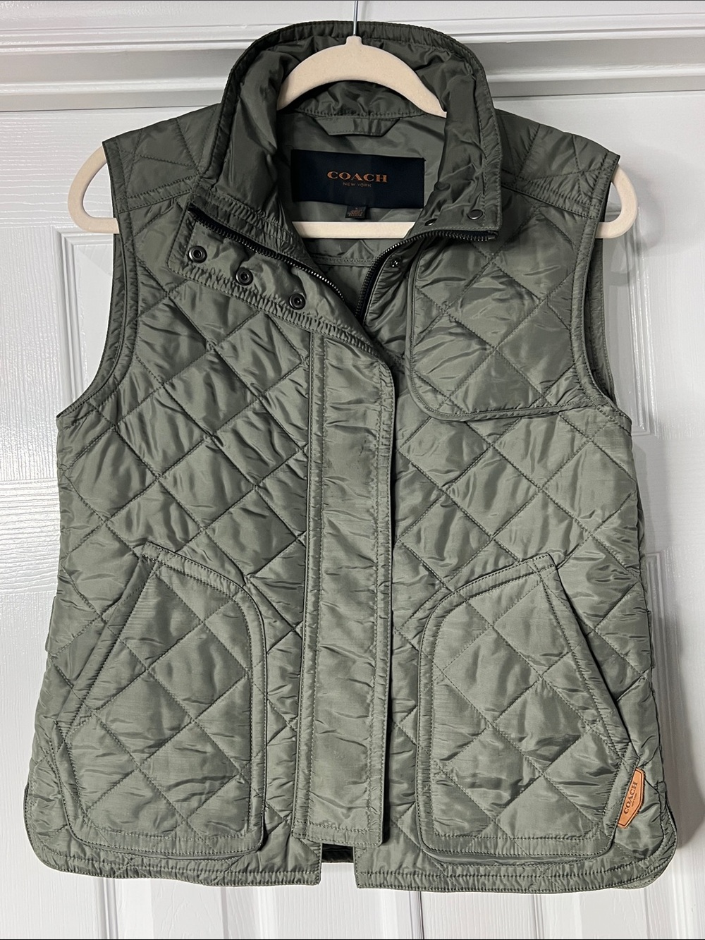 COACH Quilted Olive Vest with High Collar